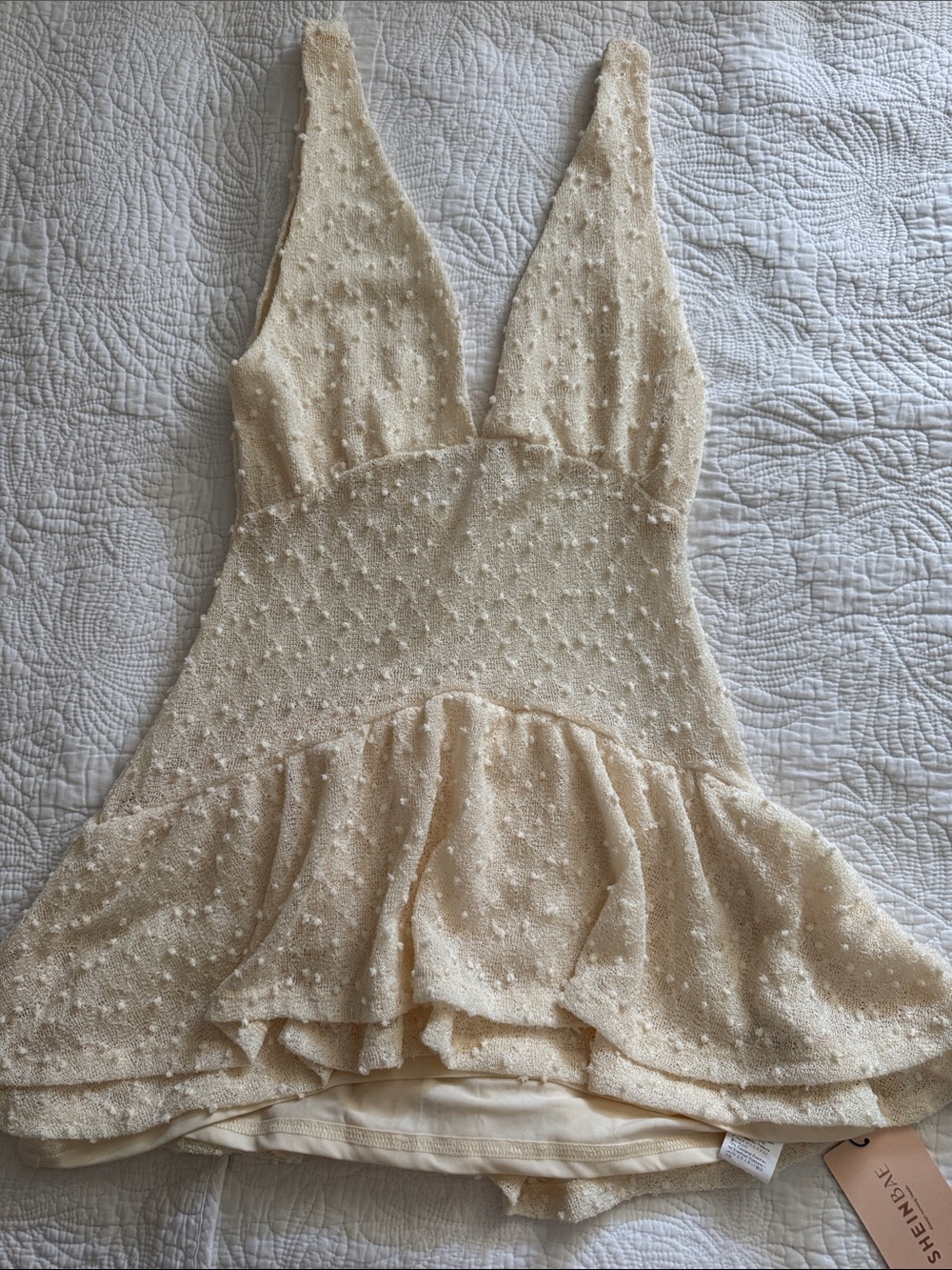 Ivory Textured Ruffle V-Neck Dress